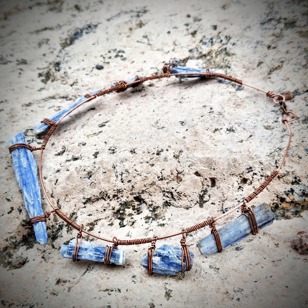 Awakening Natural Blue Kyanite Blades In Handwired Primitive Copper Necklace